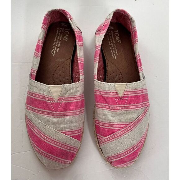 TOMS Classic Pink Umbrella Stripe Slip Ons   Sz 8 - Picture 1 of 3